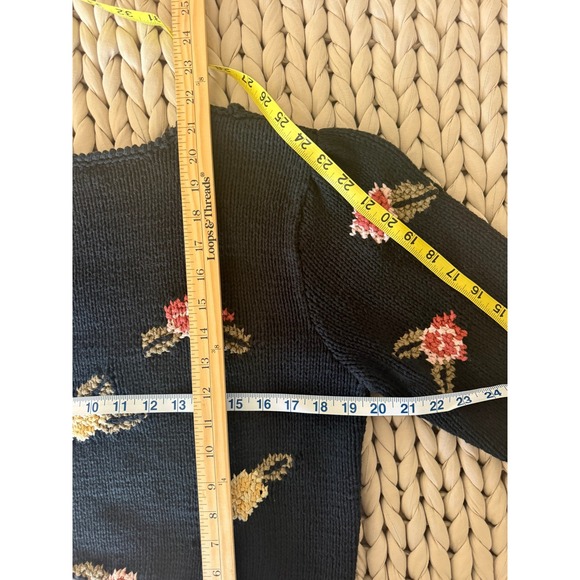 Vintage 90s Liz Claiborne Hand Knit Floral Puff Sleeve Whimsygoth Sweater S - Picture 2 of 7